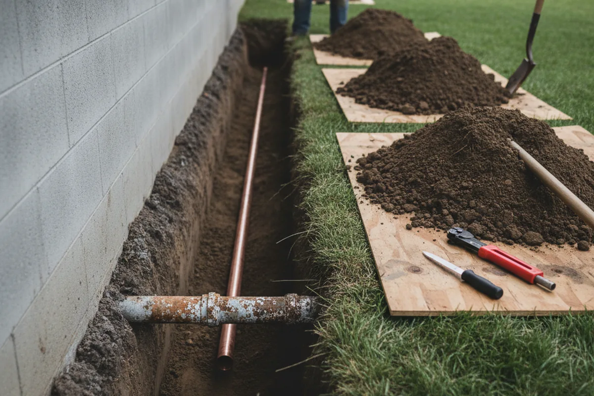 Excavated water line trench during Sewer Line Repair in Caddo